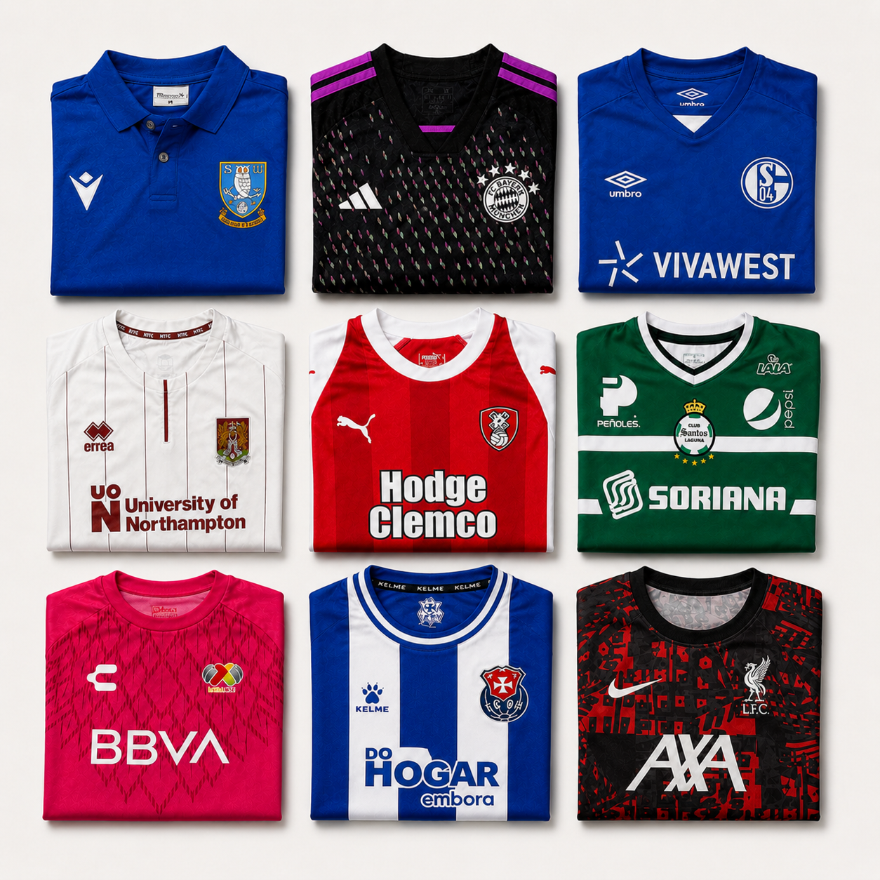 Selection of football shirts around a Mr. E Kit mystery box